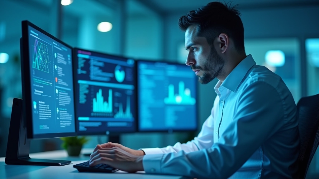 Yapay zeka sistemi ilaç moleküllerini analiz ediyor, bilgisayar ekranında veri visualizasyonu ve moleküler yapılar