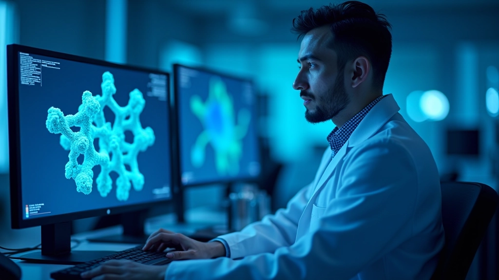 Bilgisayar ekranında 3D moleküler yapı ve protein modelleri gösteriliyor