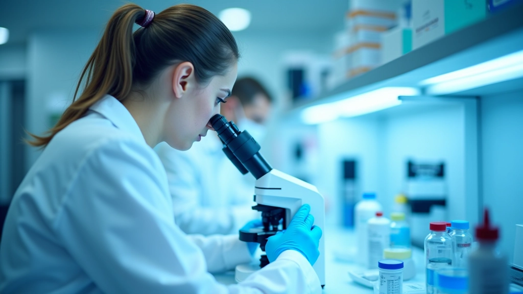 Modern laboratuvar ortamında bilim insanları DNA örneği ile çalışıyor, ışıklı masa ve ekipman